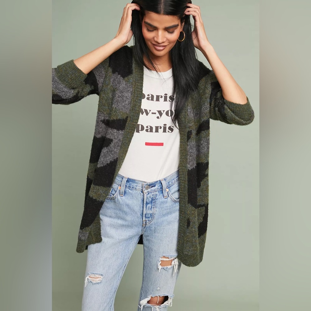 Anthropologie Moth Camo Cardigan Small Sweater Top Green Black Gray Top